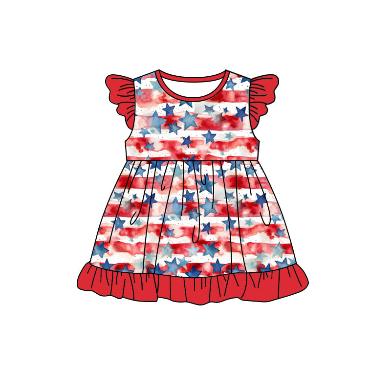 Stars stripe flutter sleeves girls 4th of july dresses