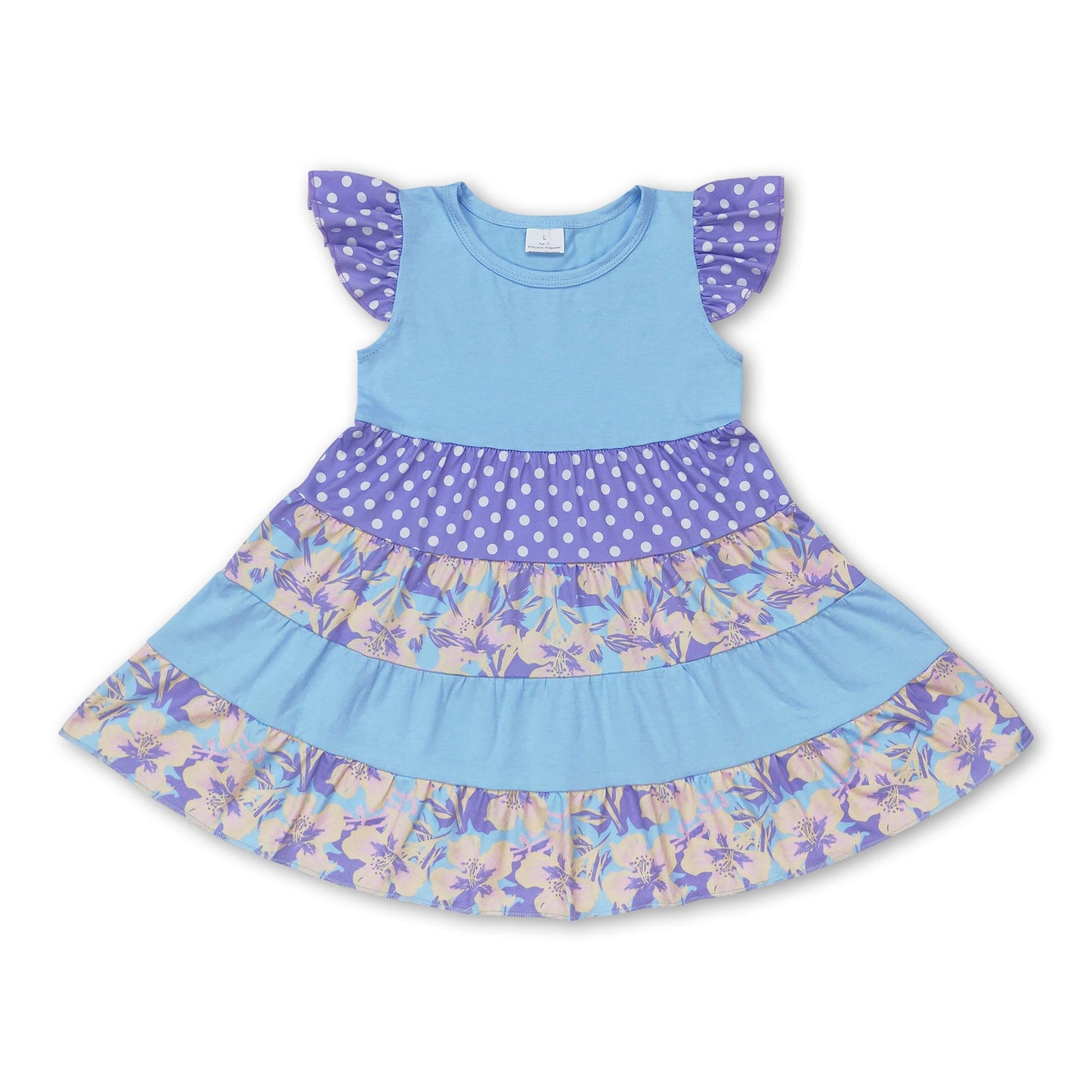 Flutter sleeves light blue polka dots floral patchwork girls dress