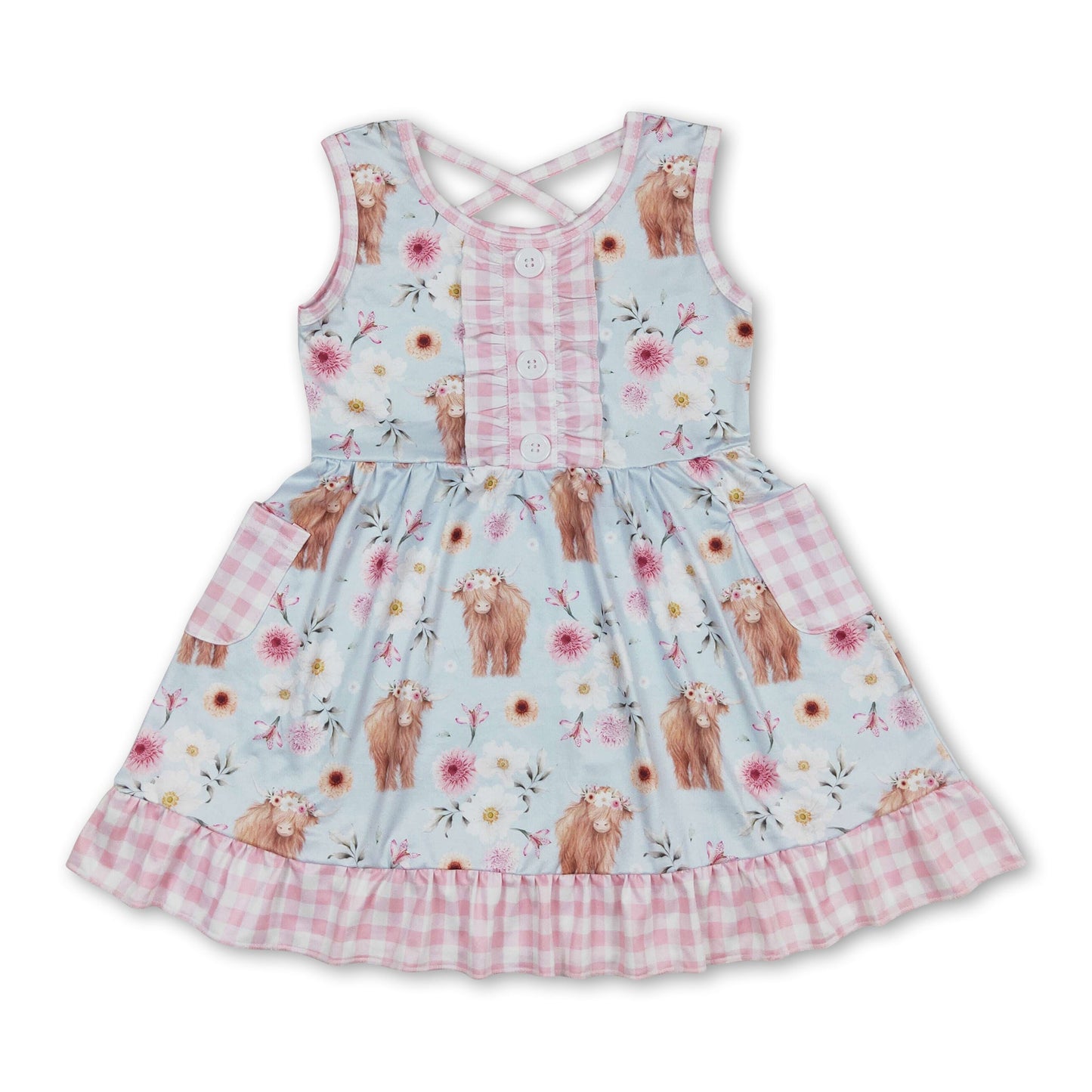 Sleeveless highland cow floral pockets girls dresses