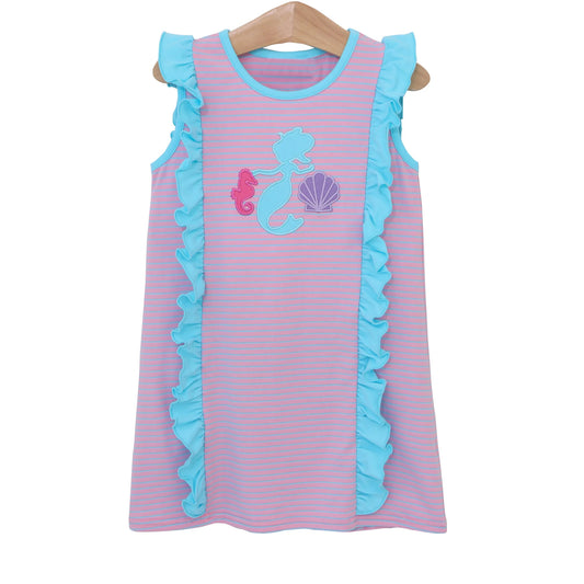 Sleeveless stripe seahorse shell kids girls summer dress