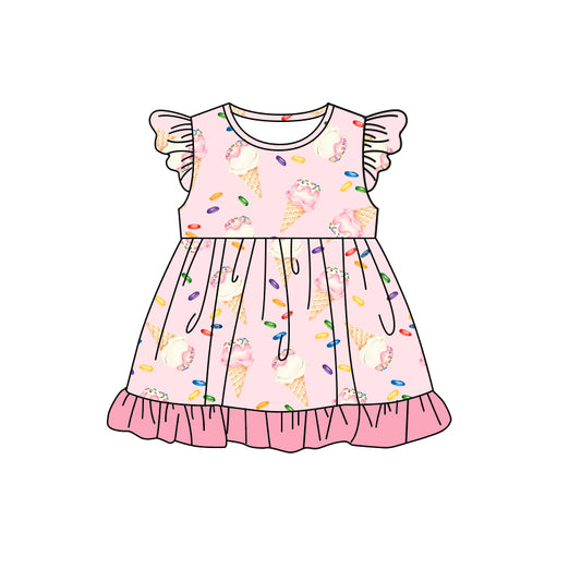 Flutter sleeves ice cream print ruffle girls summer dress