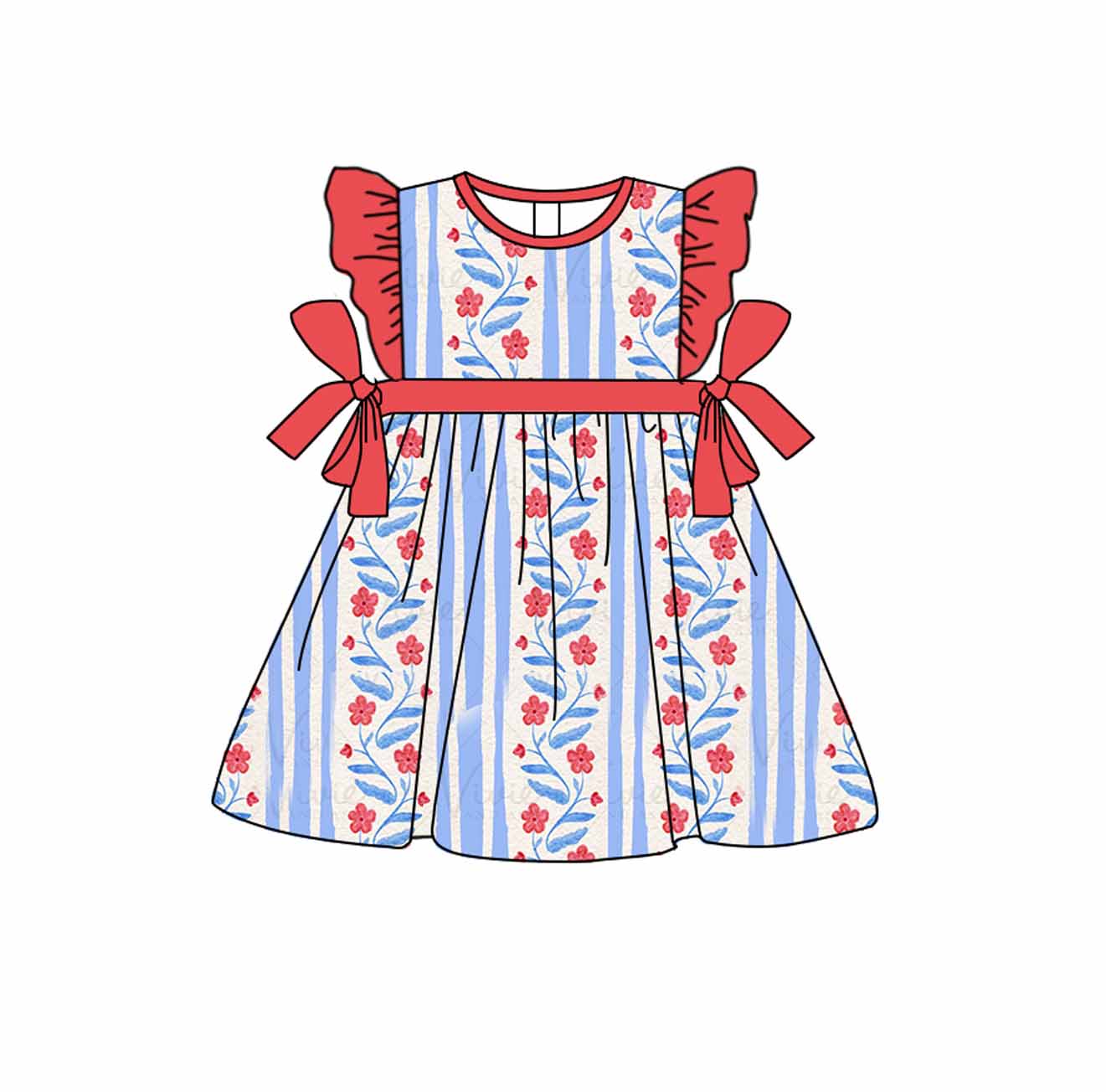 Flutter sleeves red blue floral girls 4th of july dress