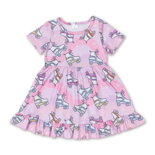 Short sleeves roller skates print kids girls dresses