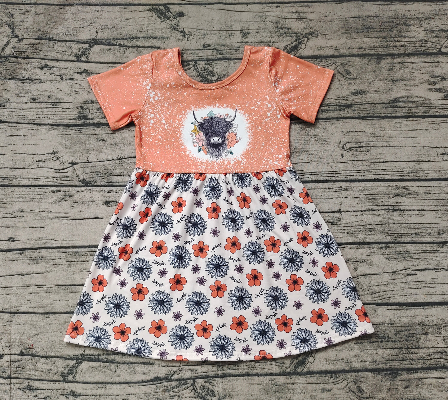 Short sleeves highland cow floral girls dress