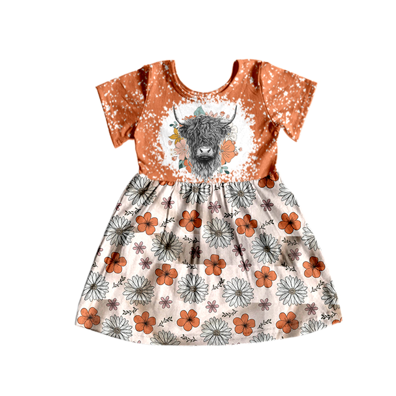 Short sleeves highland cow floral girls dress