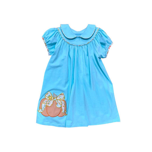 Blue short sleeves pumpkin kids girls fall dresses