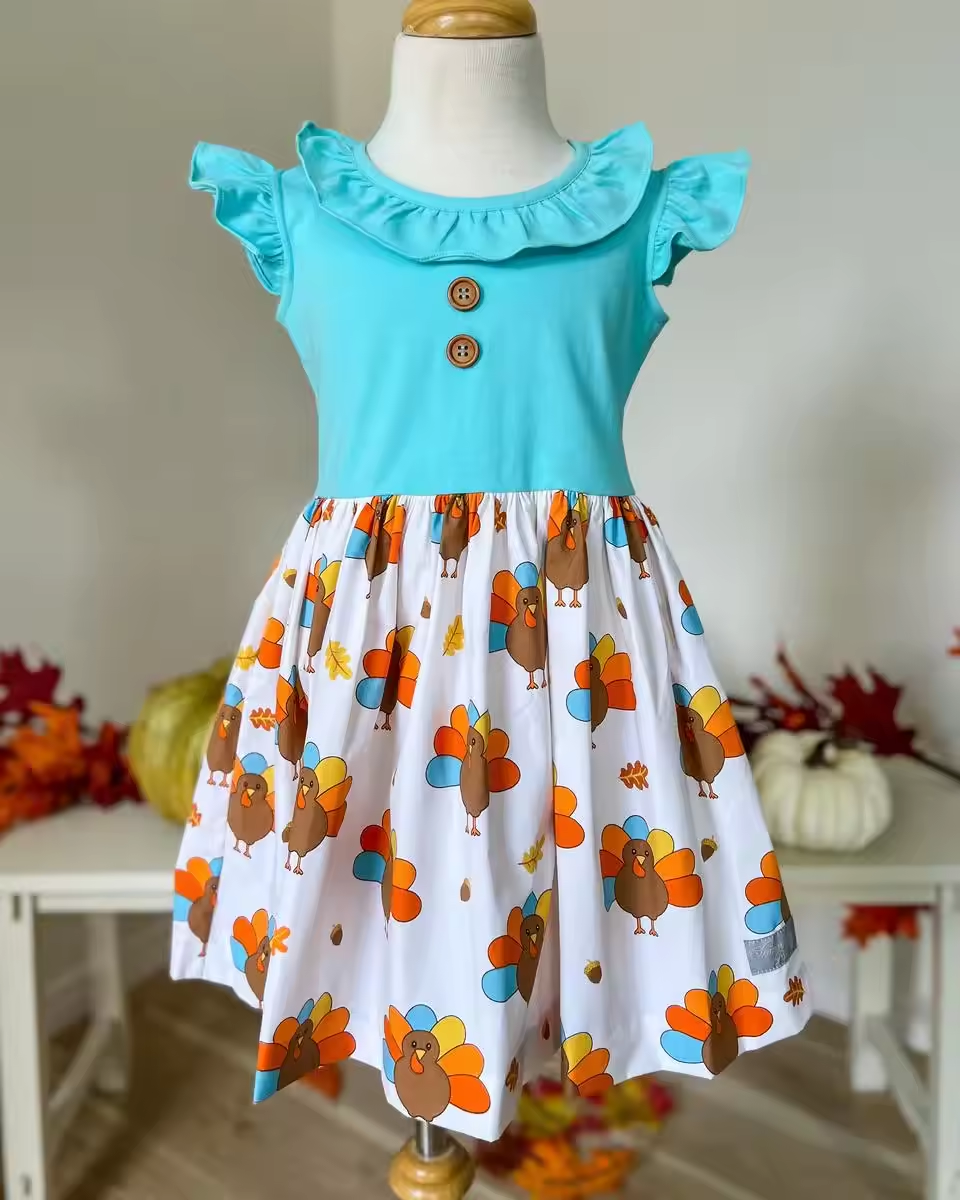 Flutter sleeves turkey kids girls Thanksgiving dress