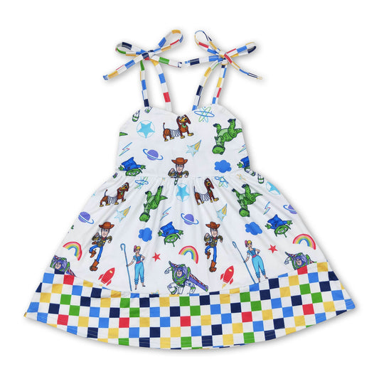 Plaid straps dinosaur toy ruffle kids girls dresses