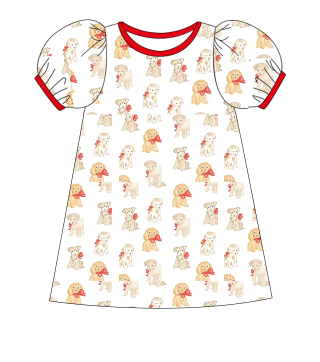 Short sleeves dog bow kids girls dresses