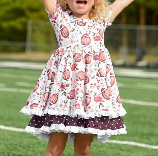 Short sleeves football floral polka dots girls dresses