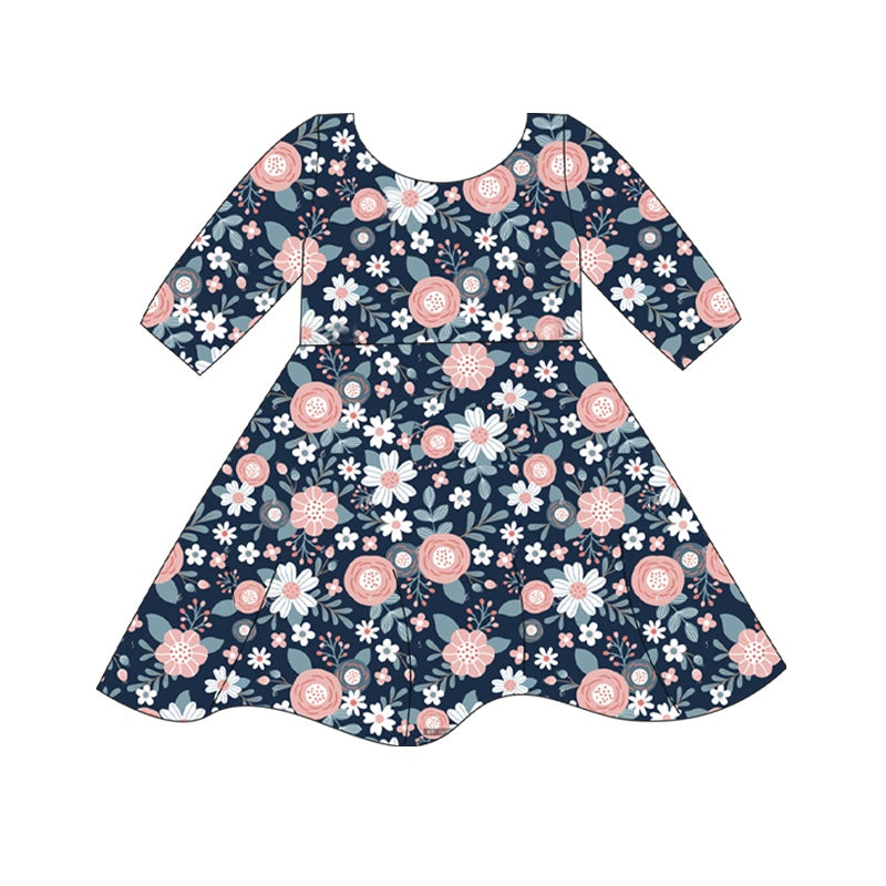 Short sleeves navy floral kids girls dresses