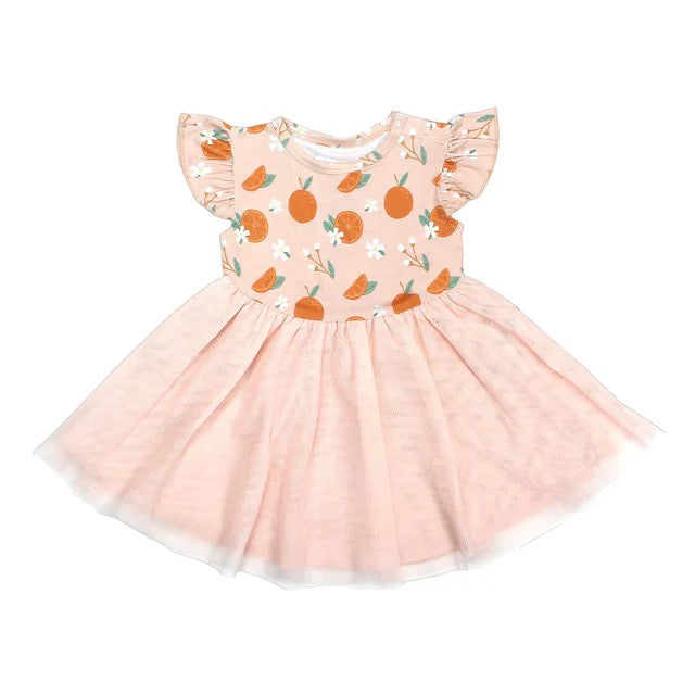 Flutter sleeves peach tulle kids girls dresses