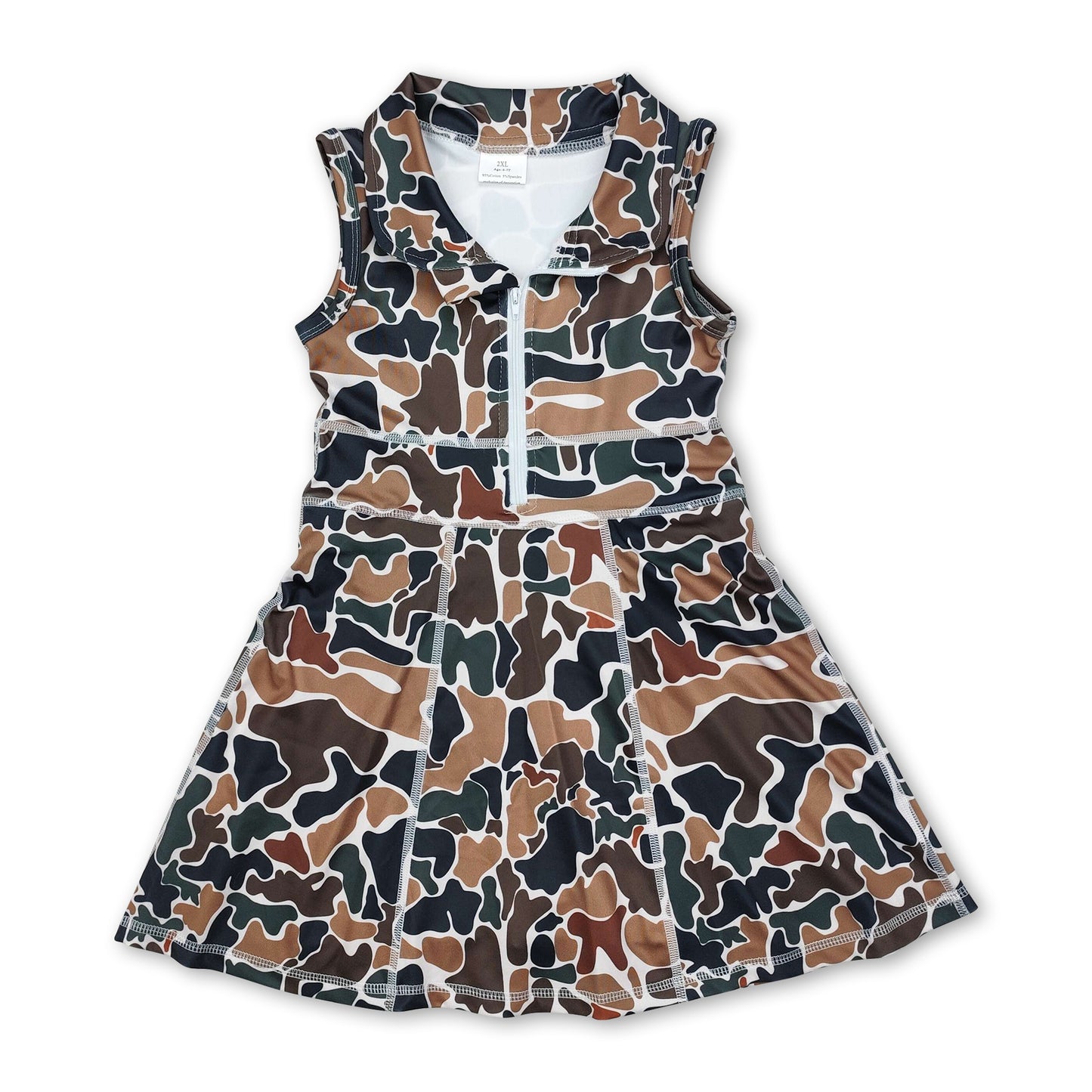 Brown camo sleeveless zipper athletic dress with shorts