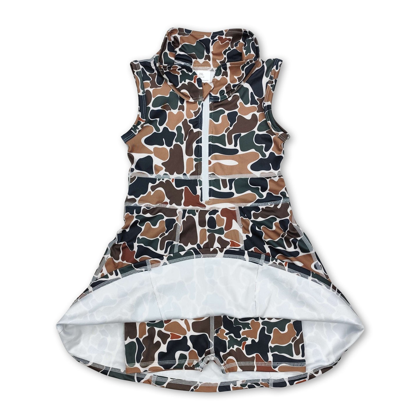 Brown camo sleeveless zipper athletic dress with shorts