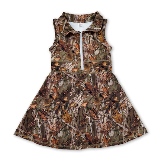 Sleeveless leaves camo zipper kids girls athletic dresses