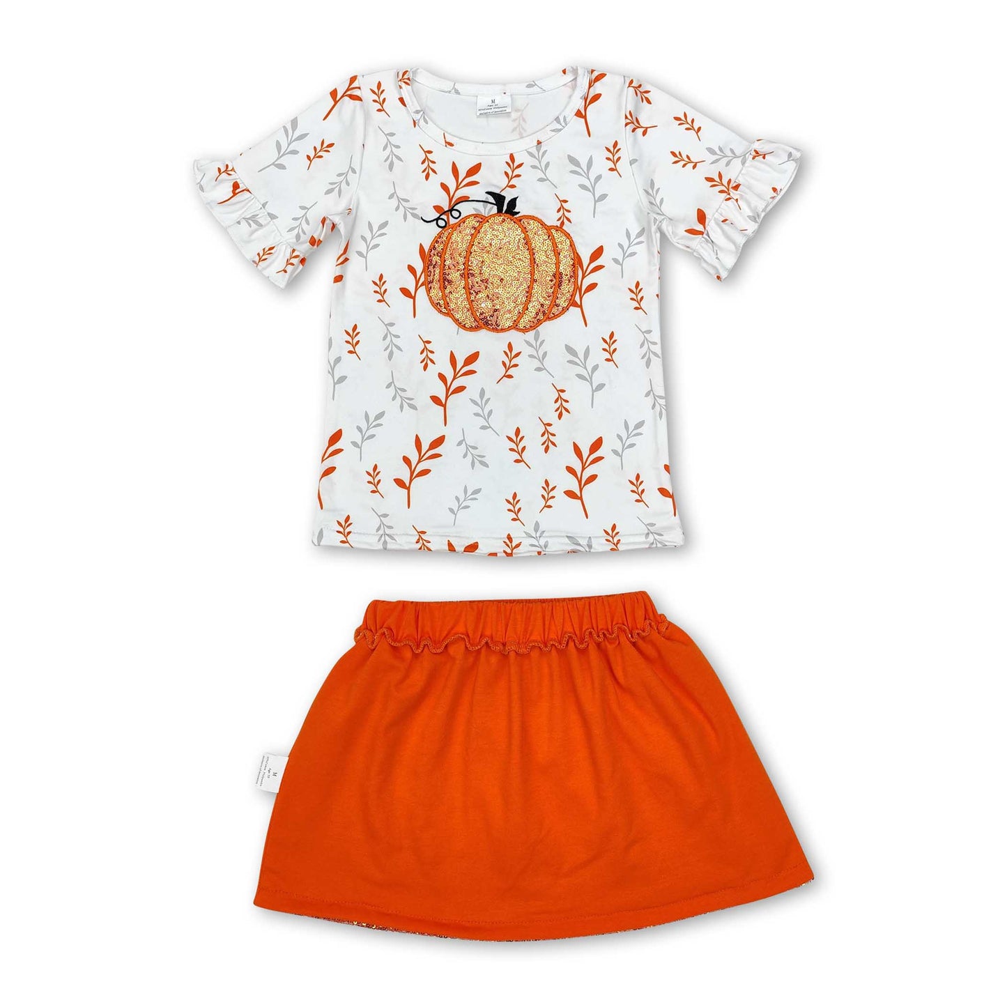 Short sleeves pumpkin top sequin skirt girls fall clothes