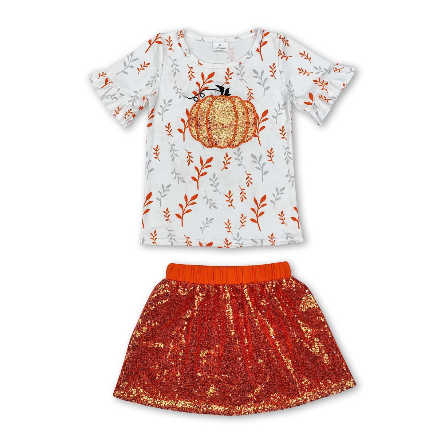 Short sleeves pumpkin top sequin skirt girls fall clothes