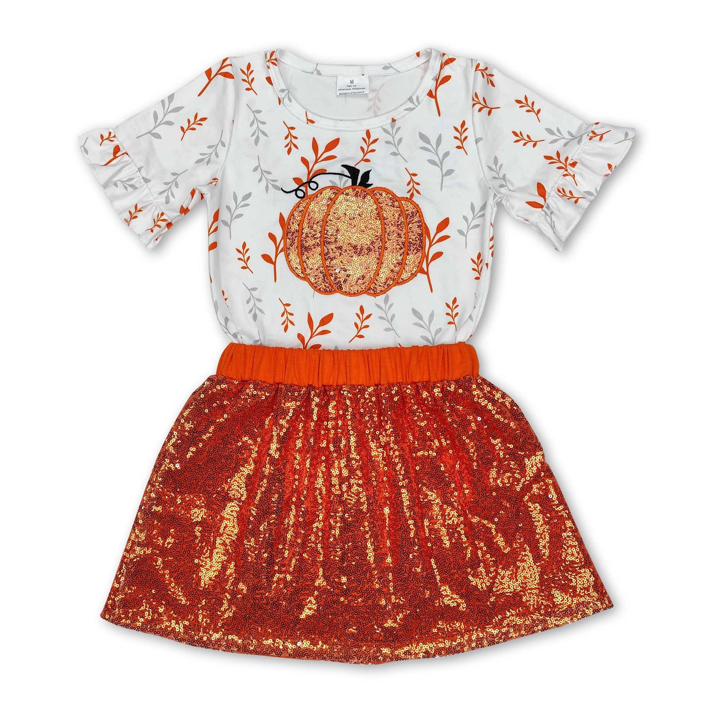 Short sleeves pumpkin top sequin skirt girls fall clothes