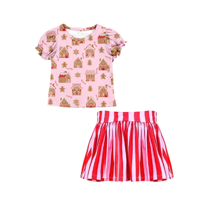 Gingerbread candy house top stripe skirt girls Christmas set