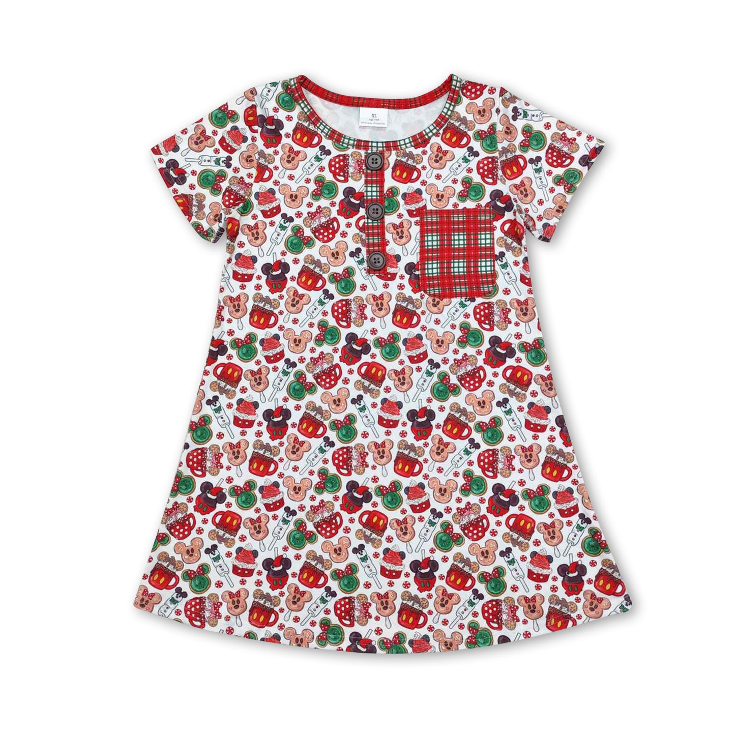 Short sleeves plaid pocket mouse cake girls Christmas dress