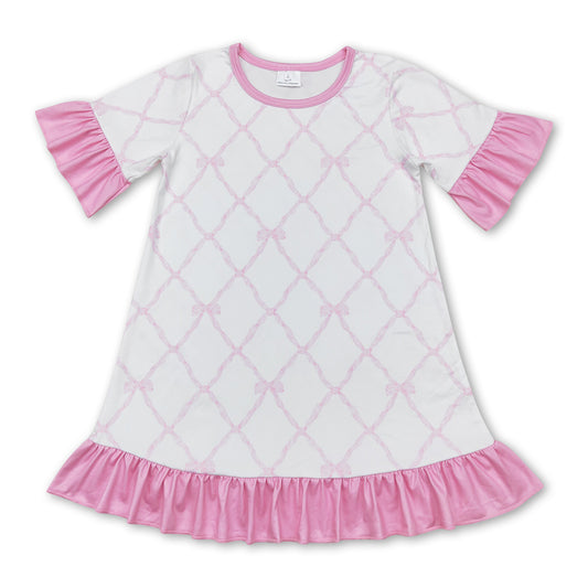 Short sleeves pink bow ruffle kids girls nightgown