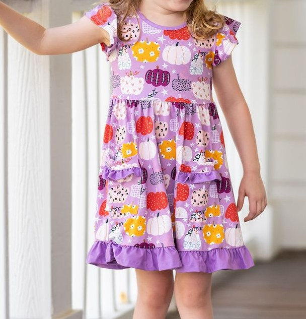 Lavender ruffle pockets baby girls fall dresses