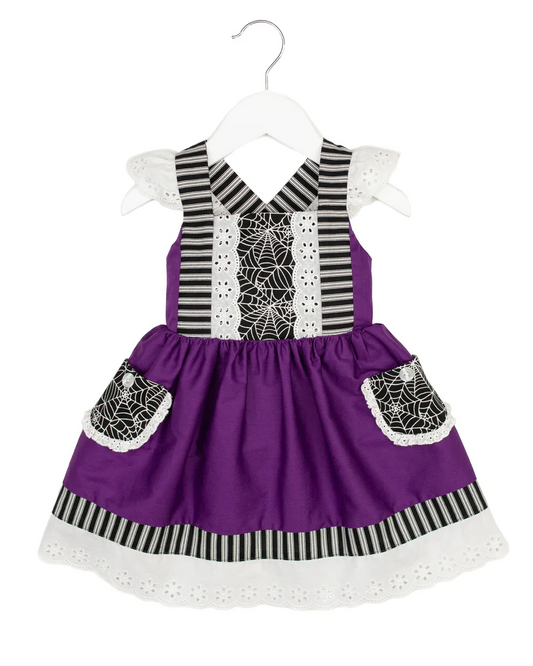 Flutter sleeves purple spider web girls Halloween dress