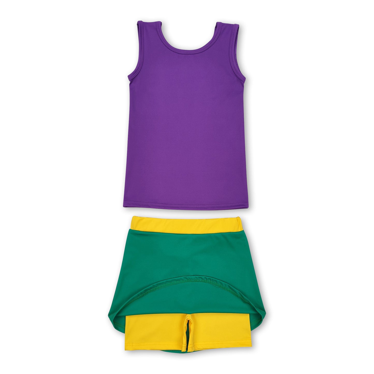 Purple top yellow green skirt girls mardi gras active wear set