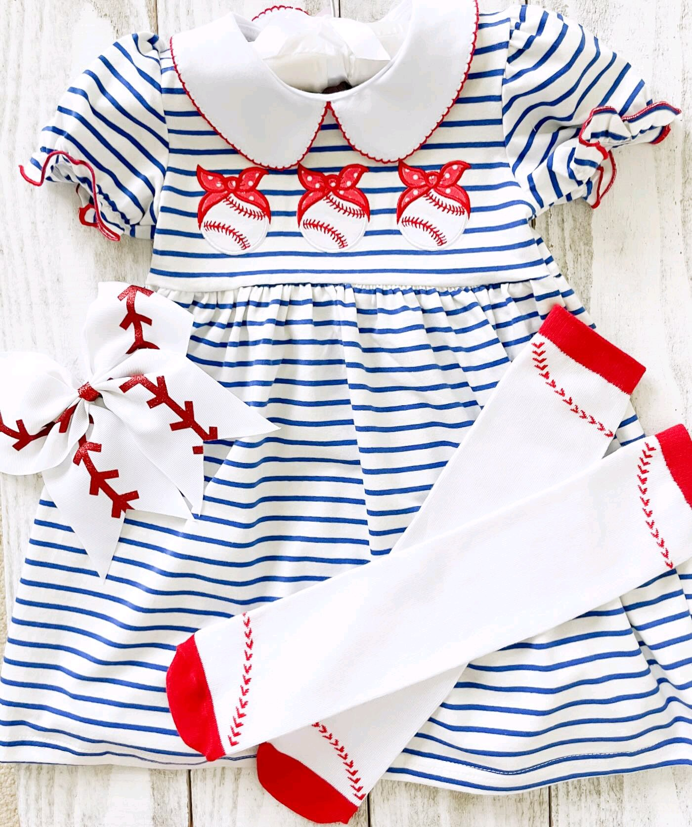 Blue stripe short sleeves baseball baby girls dresses