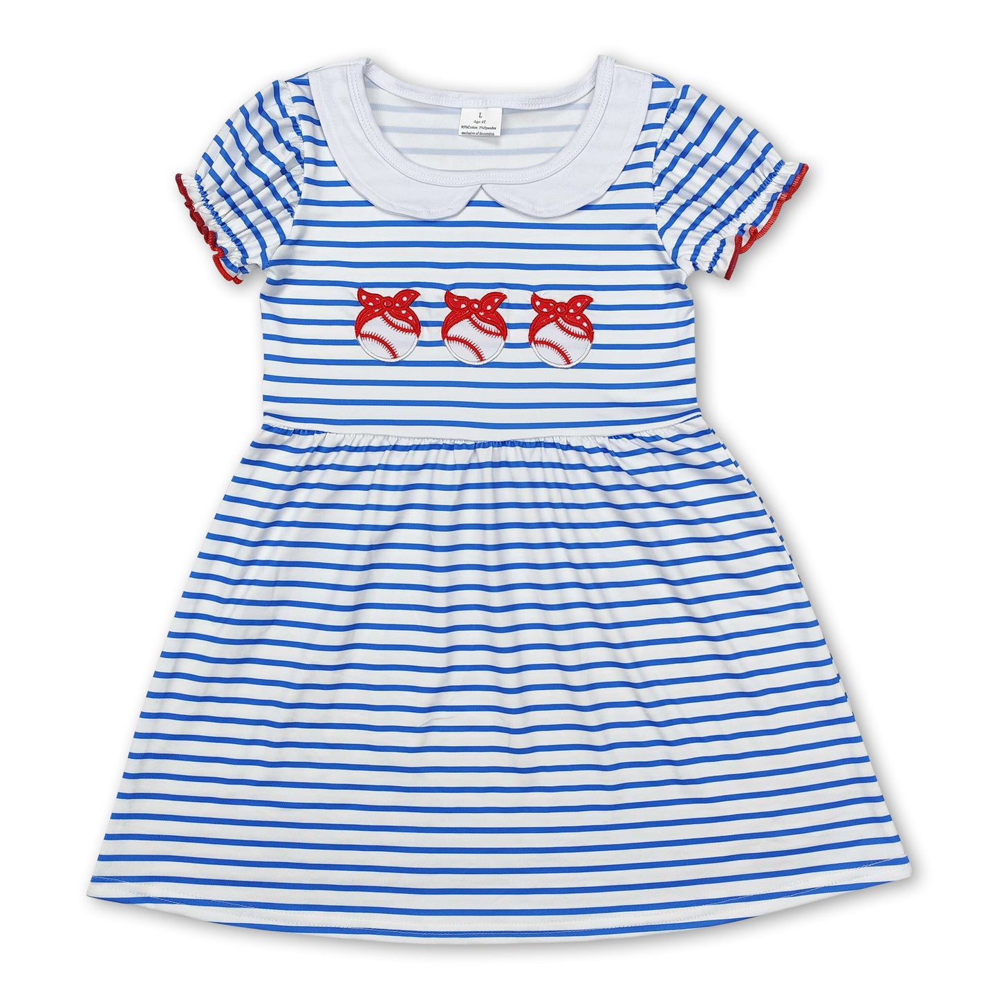 Blue stripe short sleeves baseball baby girls dresses