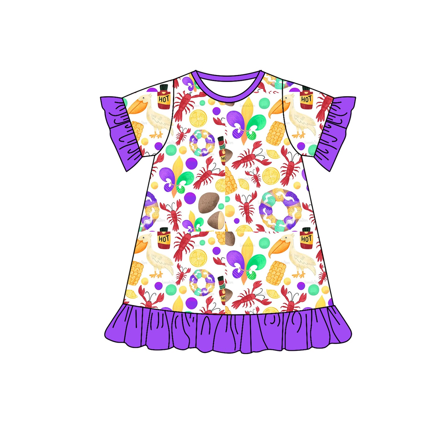 Purple short sleeves crawfish baby girls mardi gras dress