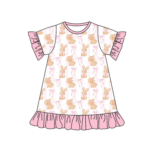 Pink short sleeves stripe bunny bow baby girls easter dress