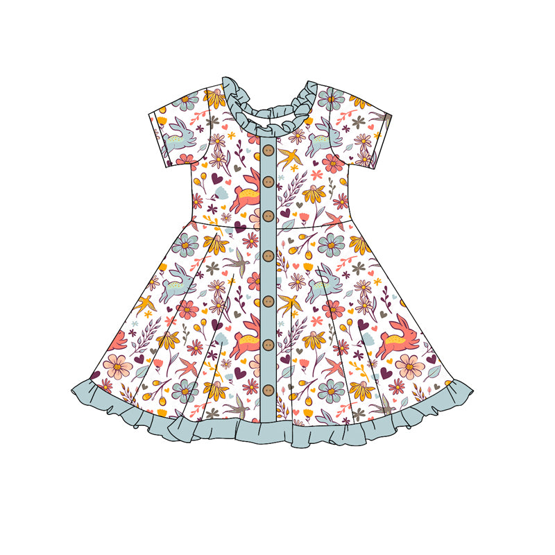 Short sleeves floral bunny ruffle kids girls easter dress