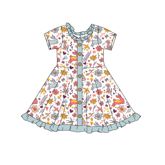 Short sleeves floral bunny ruffle kids girls easter dress