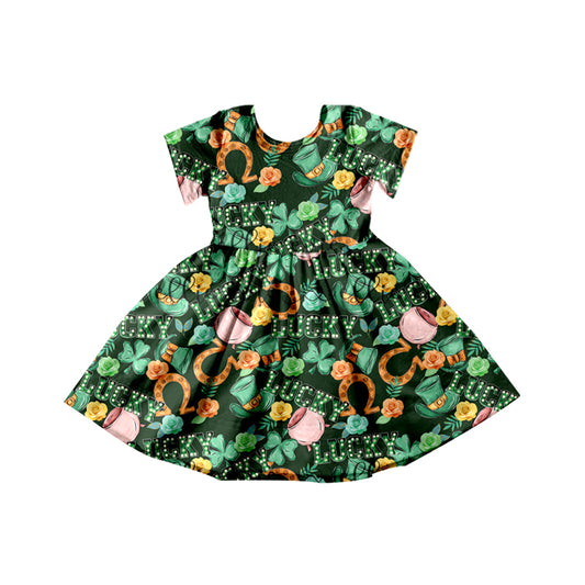 Green short sleeves clover lucky girls St Patrick's day dress