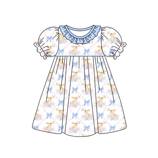 Short sleeves light blue bow bunny baby girls Easter dress