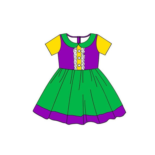 Yellow green purple short sleeves girls Mardi Gras dresses