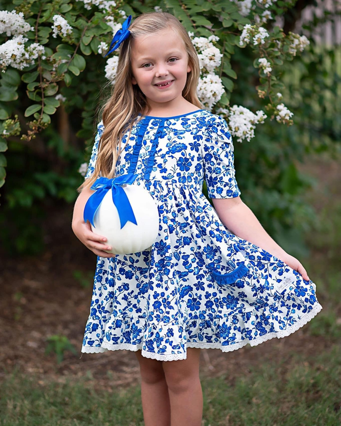 Blue floral short sleeves girls ruffle dresses