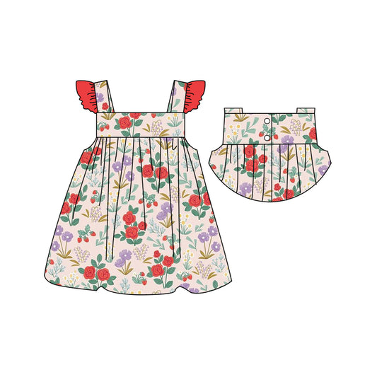 Red flutter sleeves floral baby girls dresses