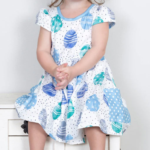 Short sleeves polka dots pockets eggs girls Easter dress