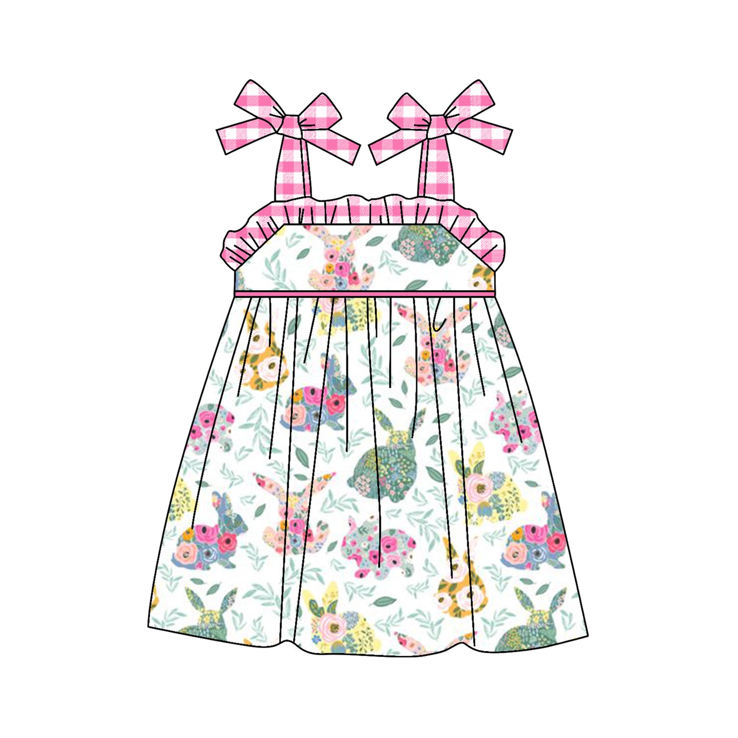 Pink plaid straps floral bunny girls Easter dresses