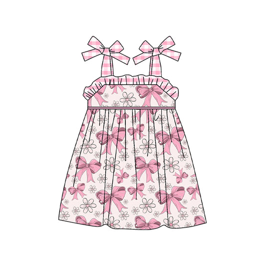 Pink plaid straps floral bow kids girls summer dresses