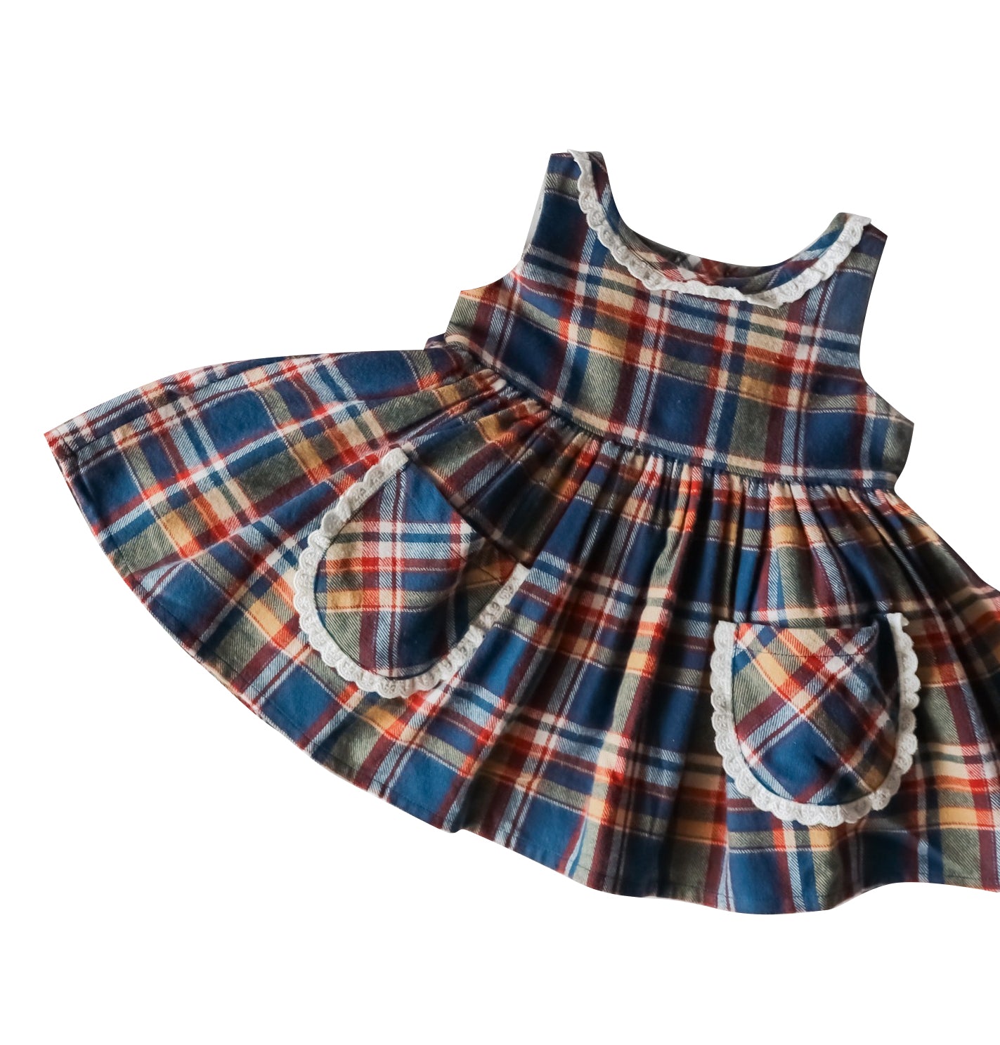 Sleeveless blue plaid pockets baby girls dresses