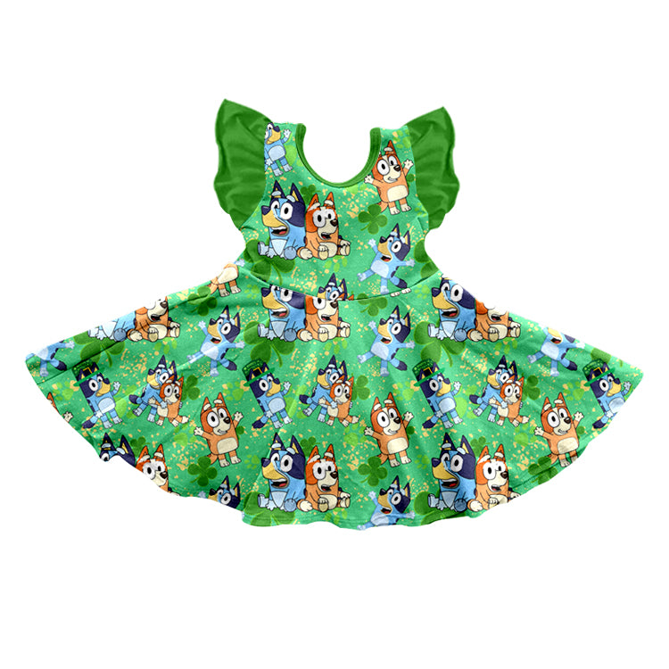 Flutter sleeves dog clover kids girls St Patrick's day dress