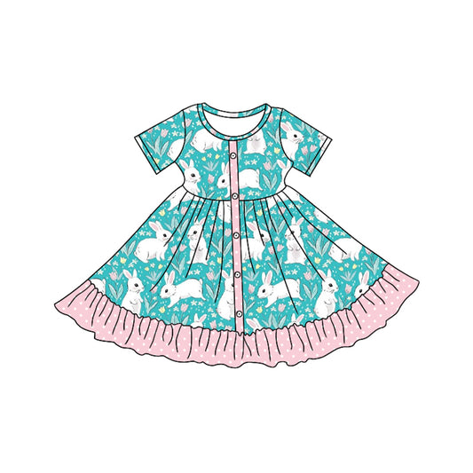 Short sleeves bunny polka dots ruffle girls Easter dress