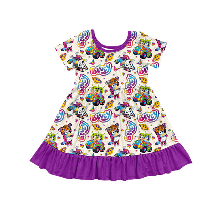 Purple short sleeves tiger dog kids girls ruffle dresses