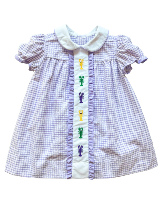 Yellow green purple crawfish plaid girls Mardi Gras dress