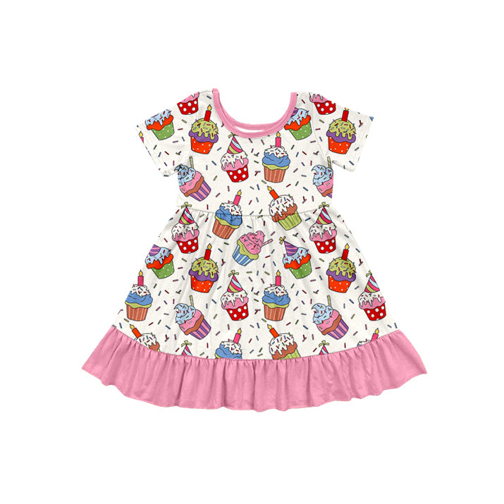 Short sleeves cup cakes Happy Birthday ruffle girls dress