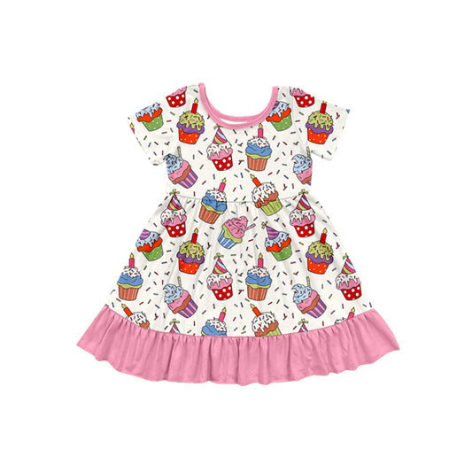 Short sleeves cup cakes Happy Birthday ruffle girls dress