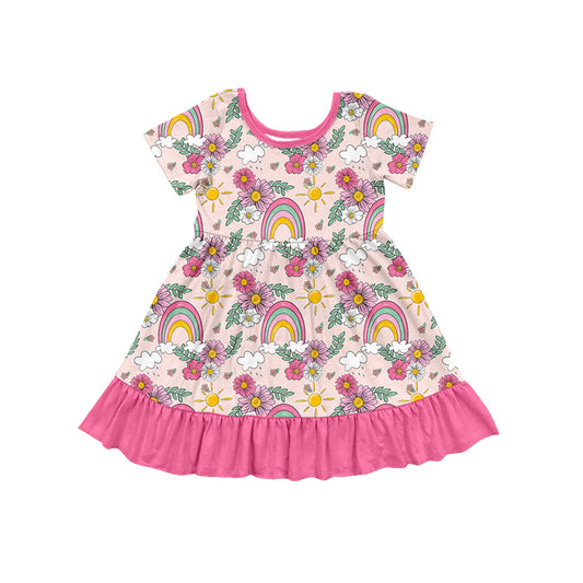 Pink short sleeves floral rainbow kids girls dresses